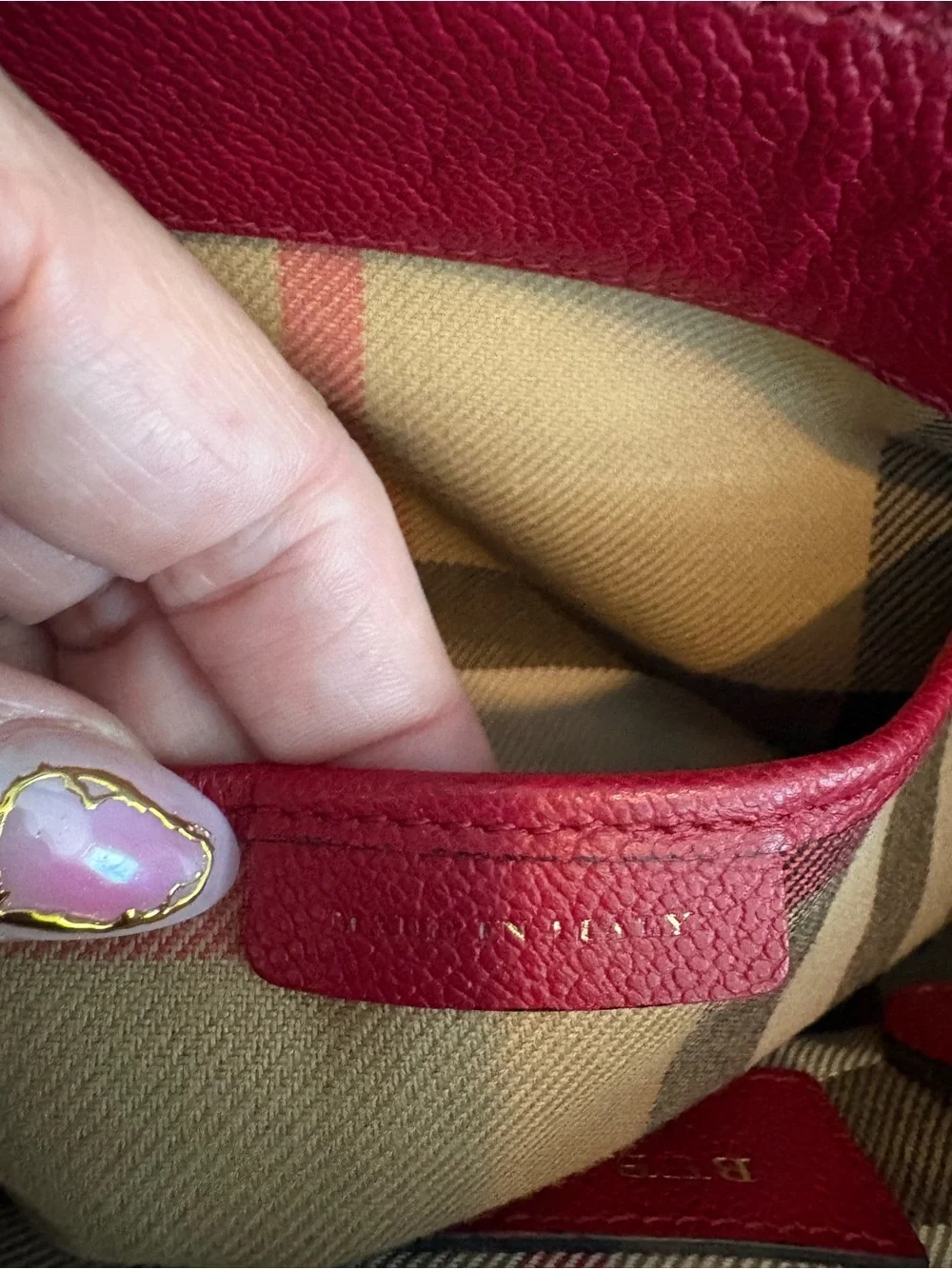 Burberry Red Leather Satchel with Gold Buckle and Check Strap